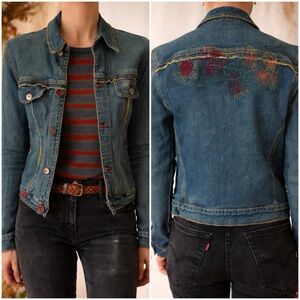 Vintage Women’s Fiorucci Distressed Denim Jacket Floral Embroidered Sz Med